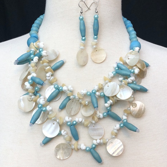 Blue Wood Sea Shell Layered Statement Necklace Set - Picture 1 of 3